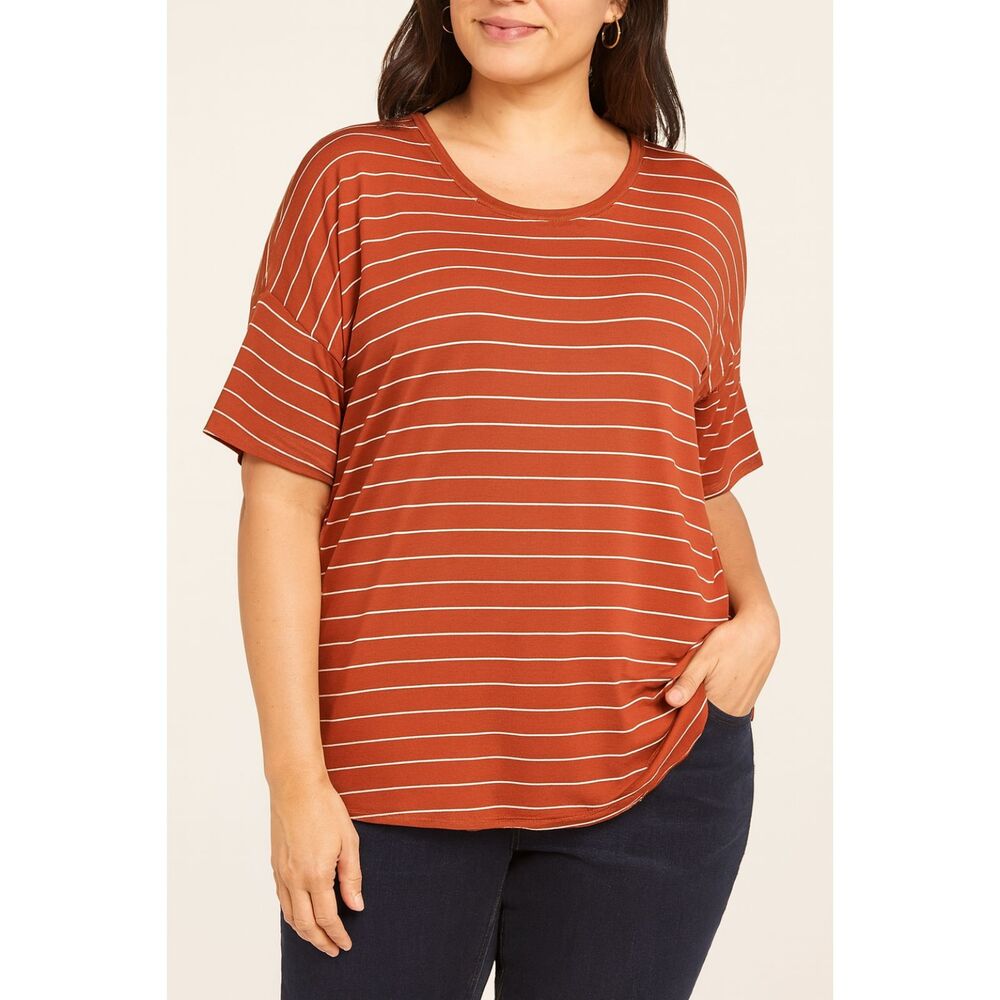 Time and Tru Rust Cream Striped Short Sleeve Tee | Relaxed Fit Casual Top plus